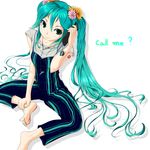  aqua_eyes aqua_hair barefoot cameo capri_pants cellphone cellphone_charm feet flower green_nails hachune_miku hands_on_feet hatsune_miku highres jewelry long_hair nail_polish necklace pants phone ponnu sitting smile soles solo spread_legs striped toes twintails vertical_stripes vocaloid 