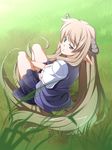  blonde_hair grass horns long_hair original pointy_ears school_uniform sitting solo very_long_hair yuuji_(yukimimi) 