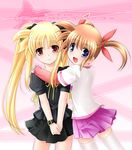  blonde_hair blue_eyes brown_hair engrish fate_testarossa friends hug lyrical_nanoha mahou_shoujo_lyrical_nanoha mahou_shoujo_lyrical_nanoha_the_movie_1st multiple_girls ranguage red_eyes smile sumeragi_kou takamachi_nanoha thighhighs 