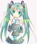  :&lt; aqua_eyes aqua_hair detached_sleeves hatsune_miku long_hair necktie sai_ren skirt solo twintails vocaloid 