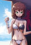  absurdres bad_id bad_pixiv_id beach bikini bottle brown_hair day green_eyes highres kurono_tokage polka_dot polka_dot_bikini polka_dot_swimsuit short_hair solo swimsuit wings 