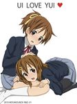  all_fours blush brown_eyes brown_hair hirasawa_ui hirasawa_yui k-on! multiple_girls pantyhose pokowachikusu ponytail school_uniform short_hair siblings sisters 