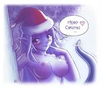  :p blue_skin blush breasts christmas hat heart karbo large_breasts long_hair monster_girl pointy_ears purple_eyes purple_hair santa_hat solo tail tentacles tongue tongue_out very_long_hair 