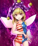  1girl alternate_costume american_flag_swimsuit arm_up blonde_hair breasts clownpiece collarbone contrapposto cowboy_shot drop_shadow eyebrows_visible_through_hair fairy_wings fang hair_between_eyes hat highres jester_cap looking_at_viewer one-piece_swimsuit open_mouth purple_background red_eyes short_hair small_breasts solo standing swimsuit touhou wings 