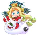 :d beads bell blonde_hair blush boots capelet chibi christmas christmas_lights earrings fate/grand_order fate_(series) feathers full_body fur_trim gradient_hair green_eyes green_hair hair_beads hair_intakes hair_ornament headband headdress holding holding_sack jewelry legs_apart legs_up long_hair low-tied_long_hair multicolored_hair open_mouth pantyhose quetzalcoatl_(fate/grand_order) red_capelet red_footwear red_skirt sack santa_boots santa_costume simple_background skirt smile solo tsukko_(3ki2ne10) twitter_username two-tone_hair very_long_hair white_background white_legwear 