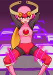  absurdres arms_behind_head blonde_hair blush bodysuit bound bound_legs bound_wrists breasts capcom commentary_request green_eyes hand_behind_head helmet highres long_hair medium_breasts open_mouth punipunitoufu rockman rockman_exe roll_exe skin_tight solo spread_legs tight 