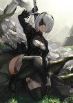  black_blindfold black_dress black_hairband blindfold boots cleavage_cutout commentary_request covered_eyes dress facing_viewer feather-trimmed_sleeves grass hairband high_heel_boots high_heels highres holding holding_sword holding_weapon juliet_sleeves leotard long_sleeves mole mole_under_mouth nier_(series) nier_automata one_knee pillar pink_lips puffy_sleeves riko_(ccllnnhh) ruins short_dress side_slit silver_hair solo squatting sword sword_behind_back thigh_boots thighhighs thighhighs_under_boots thighs turtleneck vambraces weapon white_leotard yorha_no._2_type_b 