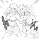  abs bike_shorts boxing boxing_gloves commentary_request copyright_request fighting_stance gloves monochrome multiple_girls muscle nexas punching short_hair shorts sports_bra tank_top twintails 