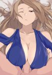  1girl artist_name bare_shoulders blue_dress breasts brown_hair cafekun clothed_female_nude_male dress granblue_fantasy highres katalina_aryze large_breasts long_hair looking_at_viewer lying nude on_back one_eye_closed paizuri paizuri_under_clothes penis pov red_eyes solo_focus testicles 