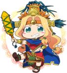  aztec bead_necklace beads blonde_hair blue_cape blush_stickers bracer brown_footwear cape chibi chin_piercing fate/grand_order fate_(series) feathers full_body green_eyes grin groin hair_beads hair_intakes hair_ornament hand_on_hip headband headdress holding holding_sword holding_weapon jewelry leg_up loincloth long_hair low-tied_long_hair miniskirt neck_ring necklace outstretched_arm piercing poncho quetzalcoatl_(fate/grand_order) red_skirt sandals sharp_teeth shoulder_pads skirt smile solo standing standing_on_one_leg sword teeth tsukko_(3ki2ne10) twitter_username very_long_hair weapon 