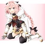 astolfo_(fate) bangs boots braid fang fate/apocrypha fate/grand_order fate_(series) garter_straps gloves gudon_(iukhzl) knee_boots kneeling long_hair looking_at_viewer male_focus multicolored_hair open_mouth otoko_no_ko pink_background pink_eyes pink_hair ribbon skirt smile solo thighhighs two-tone_hair 