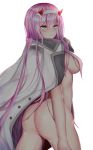  ass bangs breasts darling_in_the_franxx from_behind green_eyes hair_censor hair_over_breasts hairband highres horns jacket_on_shoulders large_breasts long_hair looking_at_viewer looking_back military_jacket naked_coat parted_lips pink_hair smile solo straight_hair very_long_hair white_background white_hairband xiao_xiao_touming zero_two_(darling_in_the_franxx) 