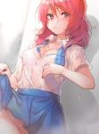  bra breasts cleavage commentary highres long_hair looking_at_viewer love_live! love_live!_school_idol_project medium_breasts naso4 nishikino_maki no_panties pink_eyes pink_hair pout pussy_peek school_uniform see-through skirt skirt_lift solo underwear wet wet_clothes white_background white_bra 