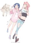  2girls ^_^ candy cat choker closed_eyes darling_in_the_franxx dated denim earrings food gorgeous_mushroom gorou_(darling_in_the_franxx) highres hiro_(darling_in_the_franxx) ichigo_(darling_in_the_franxx) jeans jewelry locked_arms lollipop midriff multiple_boys multiple_earrings multiple_girls navel pants partially_colored stuffed_animal stuffed_toy teddy_bear torn_clothes torn_jeans torn_pants watermark work_in_progress zero_two_(darling_in_the_franxx) 