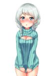  :o alternate_costume bang_dream! blue_eyes blush braid breasts cleavage clothes_tug cowboy_shot highres long_sleeves looking_at_viewer medium_breasts meme_attire no_pants open-chest_sweater otearaisu ribbed_sweater short_hair silver_hair simple_background solo sweater sweater_tug turtleneck turtleneck_sweater twin_braids wakamiya_eve white_background 