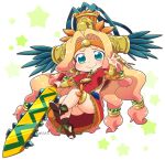  aztec bead_necklace beads blonde_hair blush bracer brown_footwear chibi chin_piercing closed_mouth fate/grand_order fate_(series) feathers full_body green_eyes hair_beads hair_intakes hair_ornament hand_up headband headdress holding holding_sword holding_weapon jewelry long_hair low-tied_long_hair miniskirt neck_ring necklace piercing poncho quetzalcoatl_(fate/grand_order) red_skirt sandals simple_background skirt smile solo star sword thigh_strap tsukko_(3ki2ne10) twitter_username very_long_hair weapon white_background 