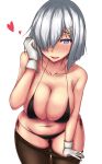  bad_id bad_pixiv_id bare_shoulders black_legwear blue_eyes blue_sky blush breasts cloud collarbone commentary day eyebrows_visible_through_hair gloves hair_ornament hair_over_one_eye hairclip hamakaze_(kantai_collection) heart heart-shaped_pupils highres horizon kantai_collection large_breasts leaning_forward looking_at_viewer navel ocean open_mouth pantyhose pantyhose_pull short_hair silver_hair simple_background skindentation sky smile solo stomach symbol-shaped_pupils terakoya thighs underwear water white_background white_gloves 