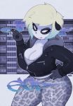  2018 alternate_version_at_source angry bear big_breasts big_butt blonde_hair breasts butt chav cigarette city claws cleavage clothed clothing detailed_background digital_media_(artwork) ear_piercing fangs female hair jacket leather leather_jacket leopard_print mammal panda piercing short_hair smoking smutbunny sol_paws solo thick_thighs urban voluptuous wide_hips 