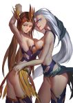  2girls blue_eyes breast_press breasts brown_eyes brown_hair diana_(league_of_legends) eyeliner facial_mark forehead_mark forehead_protector full_body hair_ornament hand_behind_head hand_on_hip large_breasts league_of_legends leona_(league_of_legends) long_hair looking_away looking_to_the_side makeup medium_breasts multiple_girls nipples silver_hair smile smirk symmetrical_docking thighhighs torn_clothes very_long_hair white_hair yinzhi_beiju 