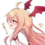  ahoge bangs bat_wings blonde_hair blush commentary_request eyebrows_visible_through_hair fang granblue_fantasy hair_between_eyes head_wings long_hair muuran open_mouth pointy_ears profile red_eyes red_wings shingeki_no_bahamut shirt sideways_mouth signature simple_background sketch solo translated vampy very_long_hair white_background white_shirt wings 