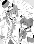  2boys armband arsloid bandage_on_face color_connection commentary_request fukase greyscale hair_over_one_eye hat head_flag male_focus mizuhoshi_taichi monochrome multiple_boys point_(vocaloid) smile sparkle spoken_ellipsis top_hat vocaloid 