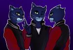  5_fingers anthro black_eyes black_nose blue_fur caravan_palace cat claws clothed clothing feline fur group jacket lone_digger looking_aside looking_at_viewer male mammal nagasleeps one_eye_closed outline purple_eyes raised_index_finger smile whiskers wink 