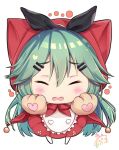  blush chibi closed_eyes gloves green_hair hair_ornament hairclip kantai_collection little_red_riding_hood long_hair maruma_(maruma_gic) open_mouth paw_gloves paws signature solo white_background yamakaze_(kantai_collection) 