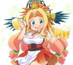  :d alcohol alternate_costume aztec bare_arms bead_necklace beads beer beer_mug blonde_hair blush breasts cleavage collarbone cup dirndl dress eyebrows eyebrows_visible_through_hair fate/grand_order fate_(series) feathers fingernails german_clothes green_eyes green_nails hair_beads hair_intakes hair_ornament headband headdress holding holding_cup jewelry large_breasts long_hair low-tied_long_hair mug nail_polish necklace open_mouth quetzalcoatl_(fate/grand_order) short_sleeves simple_background smile solo sparkle tsukko_(3ki2ne10) twitter_username very_long_hair white_background 