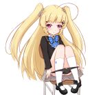  ahoge azur_lane bangs black_choker black_footwear black_jacket black_panties blazer blonde_hair blue_bow blush bow chair choker closed_mouth collared_shirt commentary_request diagonal_stripes eldridge_(azur_lane) eyebrows_visible_through_hair facial_mark grey_skirt hair_ornament hairclip jacket kisaragi_1go kneehighs long_hair long_sleeves mary_janes on_chair panties panty_pull pigeon-toed pulled_by_self pussy_peek school_chair school_uniform shirt shoes sidelocks simple_background sitting skirt solo striped striped_bow two_side_up underwear very_long_hair white_background white_legwear white_shirt 