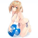  absurdres ball bangs beachball bikini blonde_hair blush breasts brown_hair cleavage closed_mouth collarbone commentary_request eyebrows_visible_through_hair full_body green_eyes hair_between_eyes hand_up highres kneeling looking_at_viewer medium_breasts original shunichi side-tie_bikini sidelocks simple_background smile solo swimsuit tsurime white_background white_bikini 