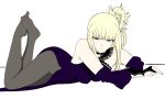  aoki_hagane_no_arpeggio bangs blonde_hair blue_lipstick blunt_bangs bridal_gauntlets closed_mouth detached_sleeves dress grey_legwear highres kongou_(aoki_hagane_no_arpeggio) lace lace-trimmed_dress legs legs_up lipstick looking_at_viewer lying makeup no_shoes on_stomach pantyhose red_eyes retororoketto side_ponytail side_slit sidelocks simple_background solo the_pose tsurime white_background 