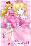  1girl alternate_costume blonde_hair blue_eyes blush breasts character_name crown dress earrings english_text large_breasts legs long_hair looking_at_viewer nintendo princess princess_peach smile solo super_mario_bros. text yuino_(fancy_party) 