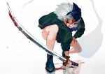  artist_name bare_legs black_hairband blood blood_on_face blue_eyes blue_footwear dated floating_hair gotoh510 green_jacket hair_ribbon hairband highres holding holding_sword holding_weapon jacket konpaku_youmu konpaku_youmu_(ghost) looking_at_viewer one_eye_closed open_mouth reflection ribbon shoes signature silver_hair simple_background solo sword touhou weapon white_background 