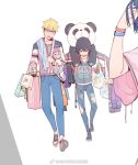  bag carrying cat close-up closed_eyes darling_in_the_franxx denim glasses gorgeous_mushroom gorou_(darling_in_the_franxx) hiro_(darling_in_the_franxx) jeans male_focus multiple_boys pants ripped_jeans shopping_bag simple_background smile tears torn_clothes torn_jeans torn_pants towel_on_one_shoulder walking watermark white_background work_in_progress 