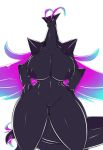  2016 anthro averyshadydolphin big_body big_breasts black_nipples black_skin breasts claws digital_media_(artwork) dragon erect_nipples female hand_on_hip hi_res horn huge_breasts long_neck long_tail looking_at_viewer magical_wings navel nipples nude purple_wings pussy regalia regalia_(character) small_head smile solo standing thick_thighs tiny_head wide_hips wings 