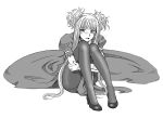  aoki_hagane_no_arpeggio bangs bbb_(friskuser) blunt_bangs blush choker commentary_request crying dress full_body graphite_(medium) greyscale high_heels knees kongou_(aoki_hagane_no_arpeggio) leg_hug legs lips lipstick looking_to_the_side makeup monochrome pantyhose parted_lips short_hair_with_long_locks short_sleeves sidelocks sitting solo tears traditional_media two_side_up 