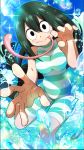  5_fingers amphibian animal_humanoid asui_tsuyu bangs big_eyes black_eyes black_hair blush clothing eyelashes female footwear frog_humanoid front_view hair hair_rings humanoid light_skin long_hair long_tongue looking_at_viewer my_hero_academia official_art one-piece_swimsuit pale_skin pink_tongue sandals solo swimsuit tongue tongue_out unknown_artist water wet 