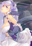  apron azur_lane bangs belfast_(azur_lane) blue_eyes blush braid breasts cannon chain cleavage closed_mouth collar collarbone commentary_request dress dress_lift eyebrows_visible_through_hair fingerless_gloves french_braid frilled_gloves frills from_side gauntlets gloves head_tilt highres large_breasts long_hair looking_at_viewer machinery maid maid_headdress pekoni_(peconi) rigging signature silver_hair smile solo turret upper_body white_gloves 