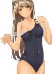  bangs blush breasts brown_eyes brown_hair cleavage covered_navel cowboy_shot long_hair looking_at_viewer love_live! love_live!_school_idol_project medium_breasts minami_kotori nanasumin off_shoulder one-piece_swimsuit one_side_up school_swimsuit simple_background smile solo strap_pull swimsuit very_long_hair white_background 