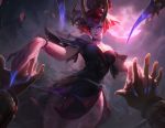  1girl bare_shoulders blue_eyes evelynn kimono league_of_legends looking_at_viewer red_hair 