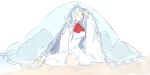  antenna_hair blue_hair closed_eyes dress kneeling long_hair lumi_(vocaloid) pillow red_neckwear see-through simple_background solo tod-mugi vocaloid waking_up white_background wide_sleeves 