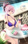  :d arm_up armlet arms_on_table bangs bare_shoulders beach beach_umbrella bikini blanket blue_eyes blush bracelet breasts choker cleavage collarbone commentary_request dango day dessert fate/grand_order fate_(series) fence food frills fruit hair_ornament halterneck highres ice_cream jewelry large_breasts miyamoto_musashi_(fate/grand_order) ocean open_mouth outdoors parfait parted_bangs pink_hair plate ponytail purple_bikini railing sand sanshoku_dango shade sitting skewer smile starfish strawberry sundae swimsuit table the-sinner umbrella vacation wagashi water waves 