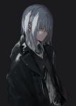  black_background black_jacket black_vest blue_eyes closed_mouth collared_shirt grey_hair highres jacket jewelry long_sleeves male_focus necklace original shiroi_suzume shirt simple_background solo standing upper_body vest wing_collar 