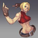 abs absurdres belt blonde_hair blue_eyes blue_mary breasts brown_gloves covered_nipples fatal_fury fengmo fingerless_gloves gloves gradient gradient_background grey_background hair_between_eyes hair_intakes highres large_breasts lips looking_at_viewer pointing short_hair smile the_king_of_fighters underboob 