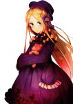  abigail_williams_(fate/grand_order) bangs black_dress black_hat blonde_hair blush bow dress fate/grand_order fate_(series) green_eyes hair_bow hat long_hair looking_at_viewer nanasumin object_hug orange_bow parted_bangs purple_bow simple_background sleeves_past_fingers sleeves_past_wrists solo stuffed_animal stuffed_toy teddy_bear very_long_hair white_background 