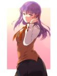  black_skirt commentary_request dress fate/stay_night fate_(series) from_side hair_pluck hair_ribbon highres homurahara_academy_uniform kate_iwana looking_back matou_sakura neck_ribbon purple_eyes purple_hair red_ribbon ribbon shirt skirt solo somber vest white_shirt 