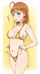  ahoge bangs bikini blush bow braid breasts collarbone commentary_request covered_nipples cowboy_shot embarrassed hair_bow holding_bikini_bottom looking_at_viewer love_live! love_live!_sunshine!! medium_breasts medium_hair navel notice_lines open_mouth orange_hair red_eyes side-tie_bikini side_braid solo swimsuit takami_chika turkey_min untied untied_bikini yellow_background yellow_bikini yellow_bow 