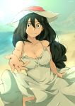  asui_tsuyu bare_shoulders beach black_eyes boku_no_hero_academia breasts cafekun cleavage dress green_hair hair_between_eyes hat highres light_smile long_hair looking_at_viewer medium_breasts ocean outstretched_hand smile solo spaghetti_strap sun_hat white_dress 