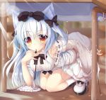  absurdres alternate_costume animal_ears azur_lane breasts casual cat_ears classroom commentary_request detached_sleeves finger_to_mouth hair_ribbon highres kneeling long_hair looking_at_viewer maritaki medium_breasts ribbon shoes silver_hair solo under_table yellow_eyes yukikaze_(azur_lane) 