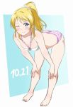  ;) ayase_eli bare_legs barefoot bent_over blonde_hair blue_background blue_eyes blush breasts cleavage dated halterneck hands_on_own_knees leaning_forward looking_at_viewer love_live! love_live!_school_idol_project medium_breasts o-ring o-ring_bikini one_eye_closed ponytail scrunchie sidelocks smile solo striped_bikini_bottom turkey_min white_scrunchie 